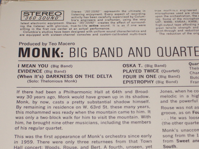 画像: THELONIOUS MONK -  BIG BAND AND QUARTET IN CONCERT  (Ex, Ex++/Ex++ Looks:Ex+++ TEAROFC)  / 1964 US AMERICA ORIGINAL  "360 Sound in BLACK Label" STEREO Used LP 