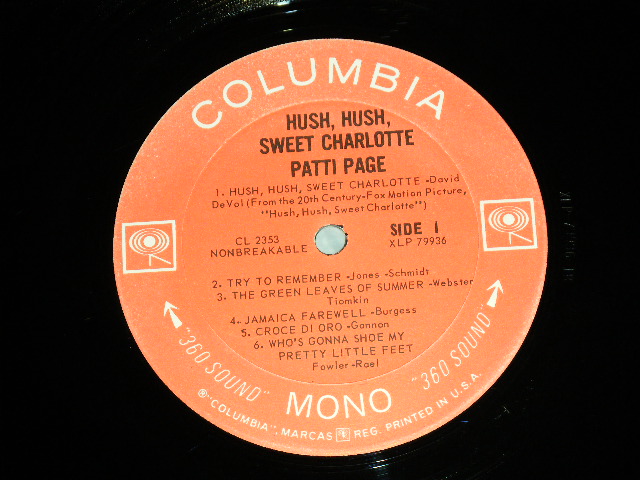 画像: PATTI PAGE - HUSH, HUSH, SWEET CHARIOTTE ( Ex+++/Ex+++ ) /1968? US ORIGINAL 3rd Press "White 360 SOUND" Label  MONO Used LP 