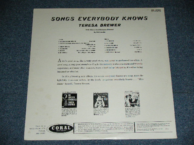 画像: TERESA BREWER - SONGS EVERYBODY KNOWS  ( Ex++/Ex+) / 1961 US AMERICA ORIGINAL MONO Used LP  
