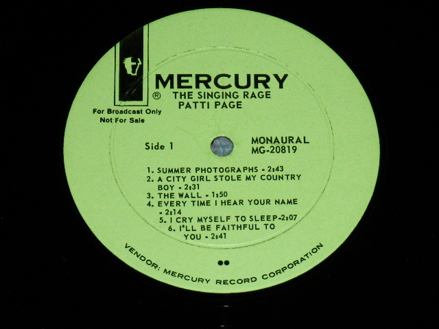 画像: PATTI PAGE   - THE SINGING RAGE  ( Ex-/Ex+++ )  / 1963 US AMERICA ORIGINAL B"GREEN LABEL PROMO"  MONO Used LP 