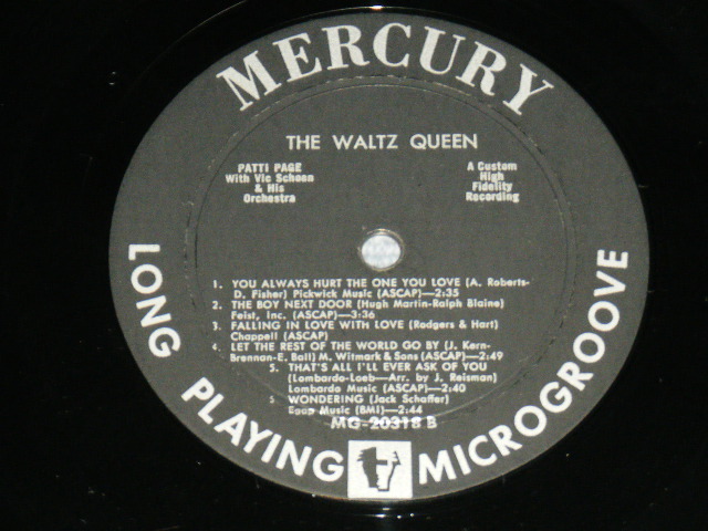 画像: PATTI PAGE   - THE WALTZ QUEEN : 1st Press Jacket : "CUSTOM HIGH FIDELITY" & "MERCURY LOGO" on Right Upper Corner  ( Ex++/Ex+++ )  / 1957 US AMERICA ORIGINAL MONO Used LP 