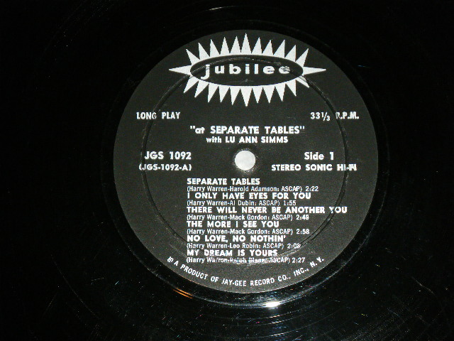 画像: Lu Ann Simms LU ANN SIMMS - AT SEPARATE TABLES  ( Ex/Ex++ Looks: Ex+ ) / 1959 US AMERICA ORIGINAL MONO Used LP