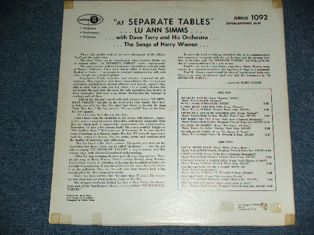 画像: Lu Ann Simms LU ANN SIMMS - AT SEPARATE TABLES  ( Ex/Ex++ Looks: Ex+ ) / 1959 US AMERICA ORIGINAL MONO Used LP