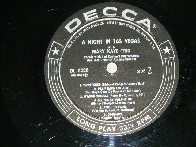 画像: The MARY KAYE TRIO ( Most Famous FEMALE GUITARIST )  - A NIGHT IN LAS VEGAS  / 1956 US ORIGINAL MONO LP