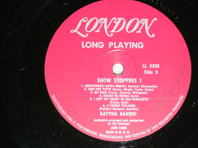画像: KATYNA RANIERI with RIZ ORTOLANI - SHOW STOPPERS!  ( Ex-/Ex++ ) / 1963 US AMERICA ORIGINAL 'PROMO' MONO Used LP 