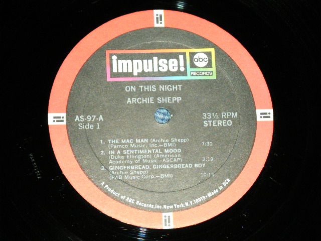 画像: ARCHIE SHEPP - ON THIS NIGHT ( Ex++/Ex+ ,Looks: MINT- )   / 1968 US AMERICA 2nd Press "BLACK with RED RING RED BORDER 'IMPULSE! 'and 'abc' in Boxes at TOP" Label STEREO Used LP