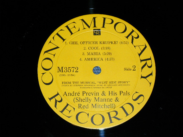 画像: ANDRE PREVIN and His PALS SHELLY MANNE & RED MITCHELL  - WEST SIDE STORY ( Ex+++/MINT- ) / 1959 US AMERICA ORIGINAL "YELLOW Label with BLACK Print Label" MONO Used LP