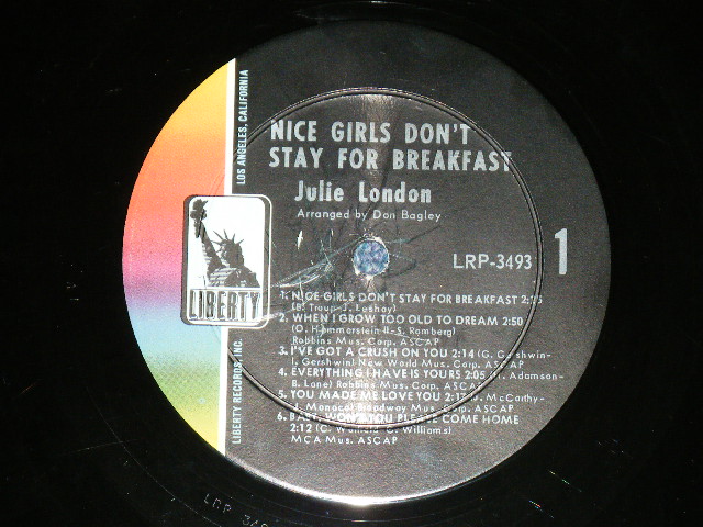 画像: JULIE LONDON - NICE GIRL DON'T STAY FOR BREAKFAST  ( FC:VG+++, BC)Ex-/Ex++ )   )  / 1967 US AMERICA ORIGINAL "1st Press Label" MONO Used LP 