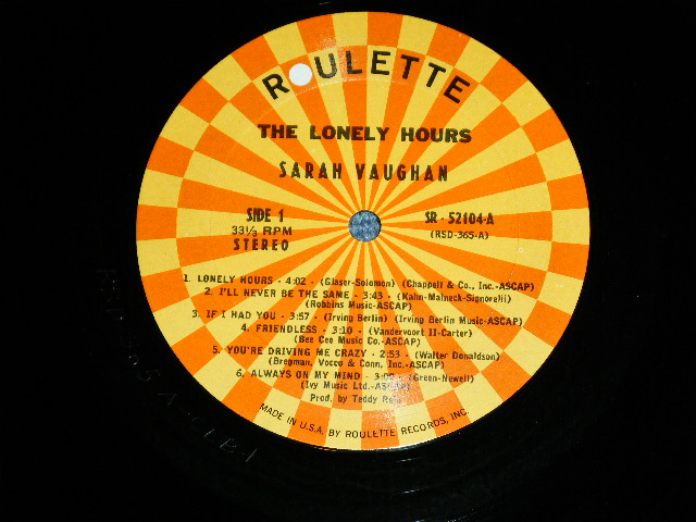 画像: SARAH VAUGHAN - THE LONELY HOURS (Ex+/Ex+++)  / 1962  US AMERICA ORIGINAL STEREO  Used  LP