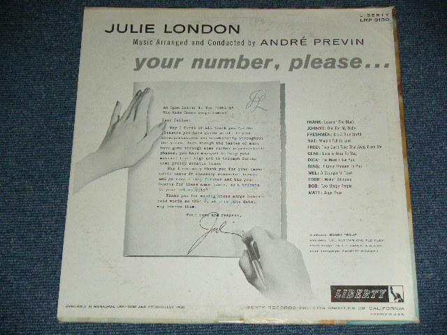 画像: JULIE LONDON - YOUR NUMBER PLEASE (Ex+++/Ex++). / 1959 US AMERICA ORIGINAL 1st Press "TURQUOICE Labei" MONO Used LP
