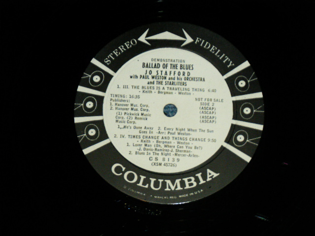 画像: JO STAFFORD - BALLAD OF THE BLUES ( Ex/Ex++) / 1959 US AMERICA ORIGINAL "White Label PROMO" STEREO Used LP 