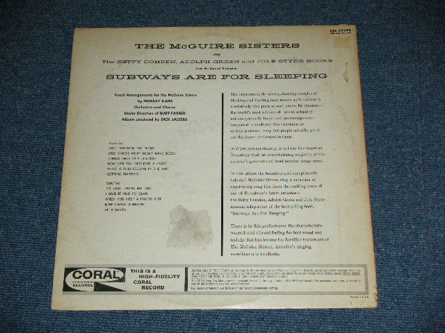 画像: THE McGUIRE SISTERS - SUBWAYS ARE FOR SLEEPING:SING THE BETTY COMEDEN GREEN STYNE SCORE FROM THE BROADWAY PRODUCTION  ( Ex++,Ex/Ex+++ A-6:Ex++ )  / 1961  US ORIGINAL MONO Used LP