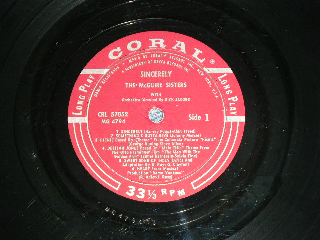 画像: THE McGUIRE SISTERS -  SINCERELY ( Ex++/Ex++ Looks:Ex+ )  / 1956  US ORIGINAL MONO Used LP