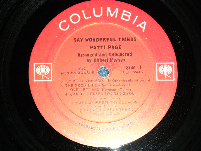 画像: PATTI PAGE - SAY WONDERFUL THINGS (Ex++/MINT-) /1963 US AMERICA  ORIGINAL"2 EYES with GURANTEED HUGH FIDELITY Label" MONO Used  LP 