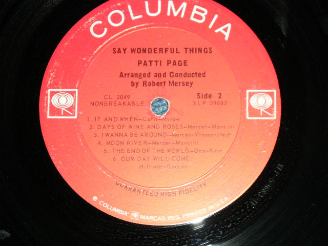 画像: PATTI PAGE - SAY WONDERFUL THINGS (Ex++/MINT-) /1963 US AMERICA  ORIGINAL"2 EYES with GURANTEED HUGH FIDELITY Label" MONO Used  LP 