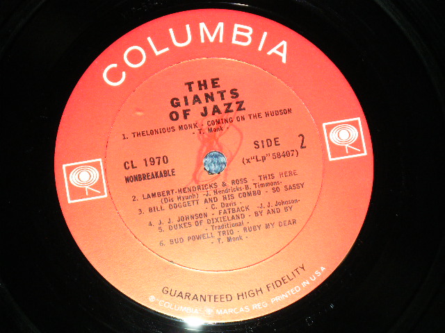 画像: v.a. OMNIBUS (The DAVE BRUBECK QUARTET,CHICO HAMILTON,CARMEN McCRAE,MILES DAVIS,LIONEL HAMPTON,QUINCY JONES,JIMMY GIUFFRE,DUKE ELLINGTON,THELONIUS MONK,LAMBERT HENDERSON & ROSS,EDDIE CONDON,BILL DOGGETT and His COMBO,J.J. JOHNSON,DUKES OF DIXIELAND,BUD POWELL TRIO) - THE GIANTS OF JAZZ  ( Ex+++/MINT-)   / 1963 US AMERICA ORIGINAL "2 EYES with GURANTEED HIGH FIDELITY on Bottom Label" MONO Used LP 