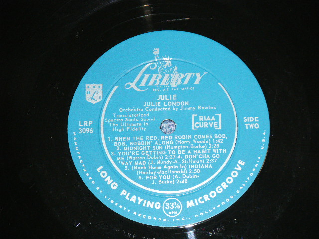 画像: JULIE LONDON - JULIE  ( Turquoise color Label Ex+++/MINT-) / 1957 MONO "1st PRESS Turquoise Color LABEL" Used LP
