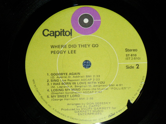 画像: PEGGY LEE - WHERE DID THEY GO : Prduced by SNUFF GARRETT(Ex++/MINT- )  / 1971 US AMERICA ORIGINAL "LIME GREEN Label"  Used LP 