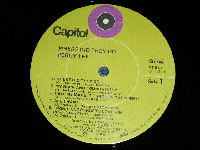 画像: PEGGY LEE - WHERE DID THEY GO : Prduced by SNUFF GARRETT(Ex++/MINT- )  / 1971 US AMERICA ORIGINAL "LIME GREEN Label"  Used LP 