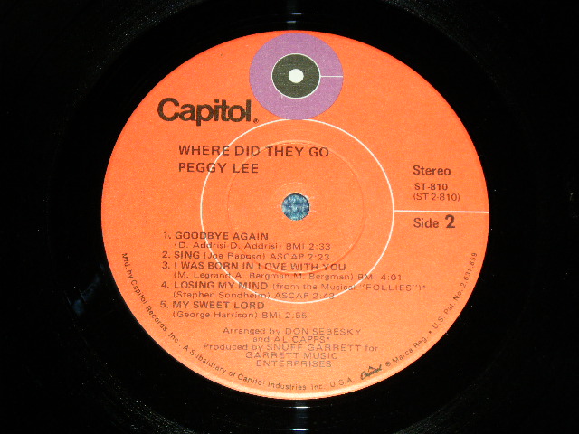 画像: PEGGY LEE - WHERE DID THEY GO : Prduced by SNUFF GARRETT(Ex+/MINT- )  / 1974 Version US AMERICA 2nd PressL "ORANGE Label" "PROMO"  Used LP 