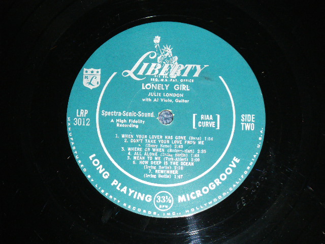 画像: JULIE LONDON - LONELY GIRL ( Ex+++  Ex+/Ex+++  ) / 1956 US AMERICA ORIGINAL "TURQUOICE GREEN Label" MONO Used  LP 