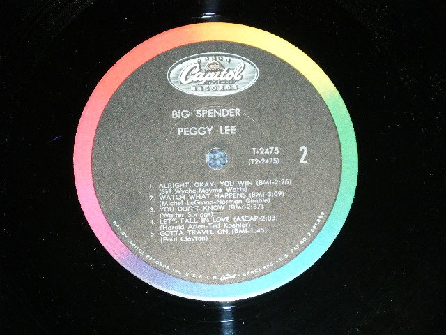 画像: PEGGY LEE -  BIG SPENDER  ( MINT-,Ex+/Ex+++ ) / 1966 US ORIGINAL "BLACK With RAINBOW 'CAPITOL' Logo on TOP Label"  Mono Used LP 