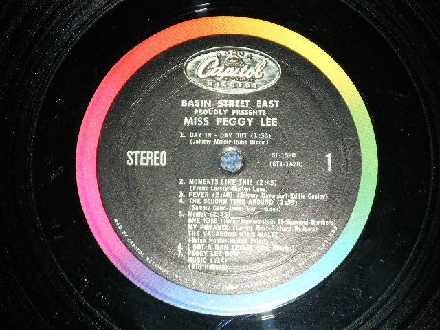 画像: PEGGY LEE -BASIN STREET EAST ( Ex+++/MINT-) / 1962 Version US AMERICA ORIGINAL 2nd  Press "BLACK With RAINBOW 'CAPITOL' Logo on TOP  Label"  STEREO Used LP 