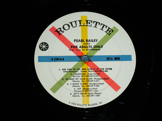 画像: PEARL BAILEY - SINGS FOR ADULTS ONLY ( VG+++/Ex++ Looks:Ex+ )  1959 US AMERICA "1st Press WHITE With Colored Spokes Label"  MONO Used LP 