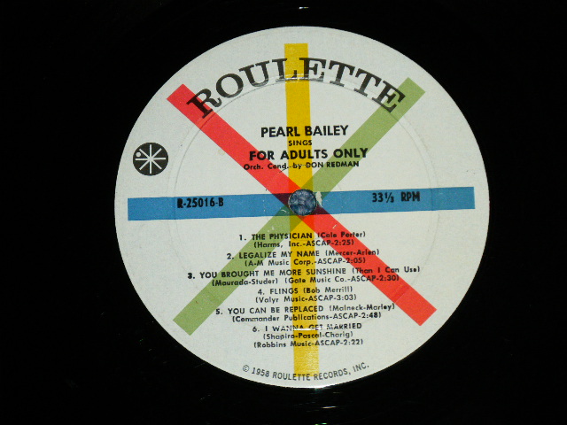 画像: PEARL BAILEY - SINGS FOR ADULTS ONLY ( VG+++/Ex++ Looks:Ex+ )  1959 US AMERICA "1st Press WHITE With Colored Spokes Label"  MONO Used LP 