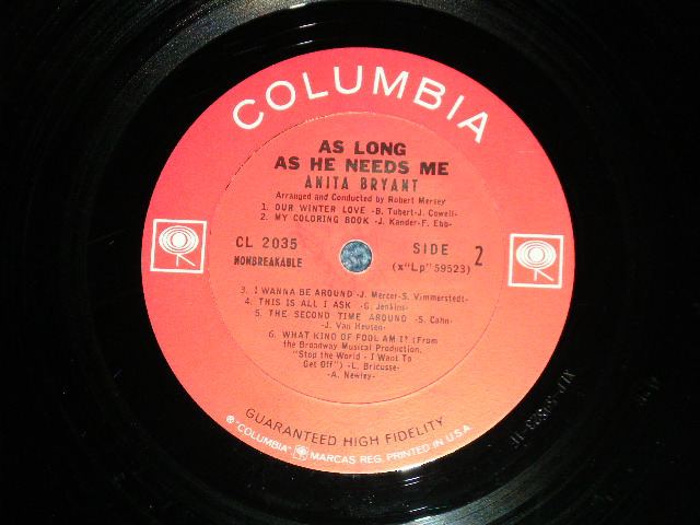 画像: ANITA BRYANT - AS LONG AS HE NEEDS ME( Ex++/Ex++ Looks:Ex+ ) / 1963  US AMERICA ORIGINAL 1st press " 2 EYE'S with GUARANTEED HIGH FIDELITY Label" MONO  Used LP 