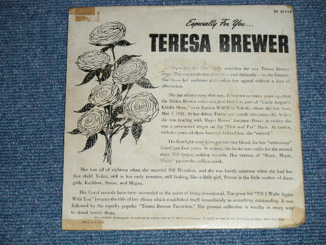 画像: TERESA BREWER - EXSPCIALLY FOR YOU   ( VG++.VG+++, Ex )  / 1950's  US AMERICA ORIGINAL  MONO Used 7"45 rpm EP with PICTURE SLEEVE 
