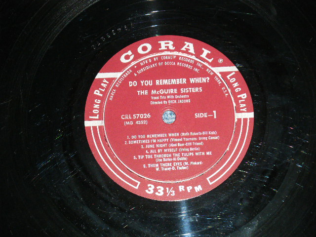 画像: THE McGUIRE SISTERS - DO YOU REMEMBER WHEN?  ( Ex++/Ex+ B-3:VG)  / 1956  US ORIGINAL 1st Press " MAROON Label" MONO Used LP