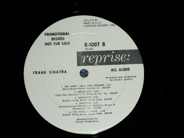 画像: FRANK SINATRA -   ALL ALONE   ( Ex+/MINT- ) / 1962 US AMERICA  ORIGINAL "WHITE LABEL PROMO"  MONO Used  LP 