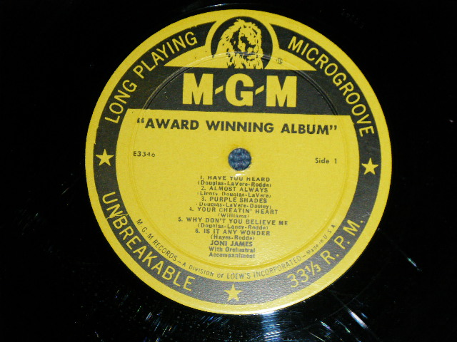 画像: JONI JAMES -  AWARD WINNING ALBUM ( Ex/Ex+ Looks:Ex) / 1960 US AMERICA 1st Press "YELLOW Label"  MONO Used LP 