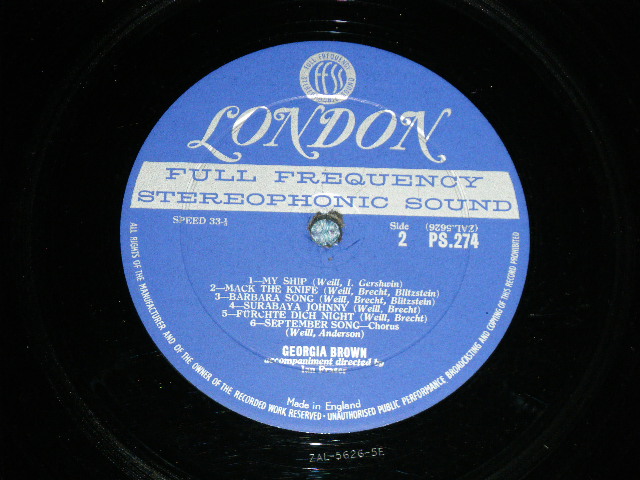 画像: GEORGIA BROWN - SINGS KURT WEILL ( Ex/Ex+++ )    / 1963 US AMERICA ORIGINAL "ffss UK EXPORT Wax Vinyl"   STEREO  Used LP 