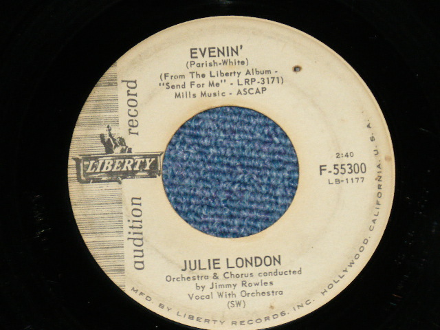 画像: JULIE LONDON - SEND FOR ME  : EVENIN' ( VG+++/VG+++)  / 1961 US AMERICA ORIGINAL "AUDITION Label PROMO" Used 7"45 Single 