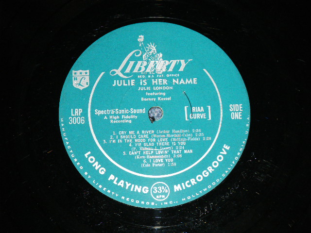 画像: JULIE LONDON - JULIE IS HER NAME ( DEBUT ALBUM )( Matrix # B-D9/A-D3 ) (VG+++//Ex++ :) / 1956 US AMERICA ORIGINAL MONO "1st Press LIBERTY Credit Front Cover""1st Press Glossy Jacket " "2nd Press BACK Cover" "1st PRESS Turquoise Color LABEL" Used LP  