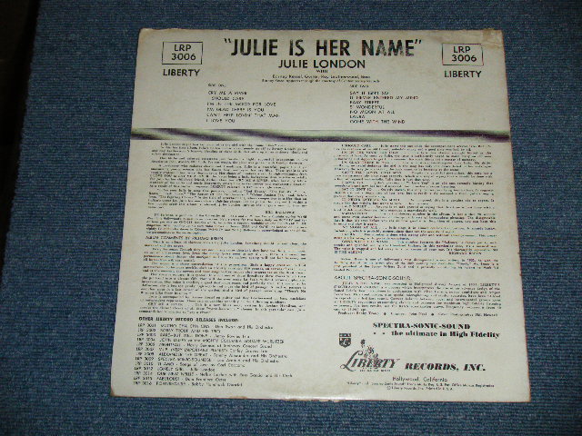 画像: JULIE LONDON - JULIE IS HER NAME ( DEBUT ALBUM )( Matrix # B-D9/A-D3 ) (VG+++//Ex++ :) / 1956 US AMERICA ORIGINAL MONO "1st Press LIBERTY Credit Front Cover""1st Press Glossy Jacket " "2nd Press BACK Cover" "1st PRESS Turquoise Color LABEL" Used LP  