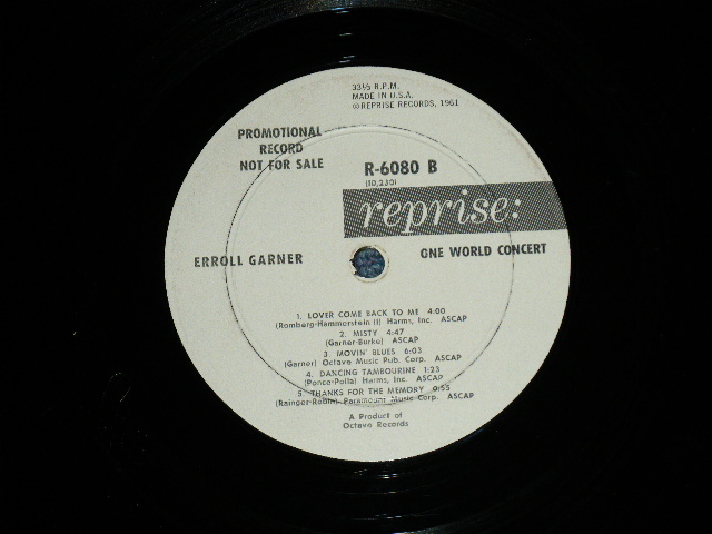 画像: ERROLL GARNER :- ONE WORLD CONCERT (Ex++/Ex++ Looks:Ex++) /  1963 US ORIGINAL "WHITE Label PROMO"  MONO Used  LP  