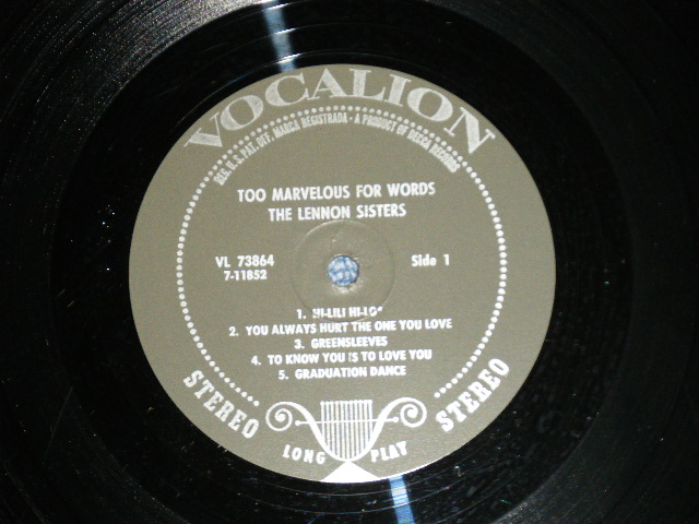 画像:  THE LENNON SISTERS - TOO MARVELOUS FOR WORDS( Ex+++/Ex++,Ex+++ ) / 1960's  US AMERICA  ORIGINAL STEREO Used   LP