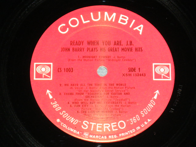画像: JOHN BARRY - READY WHEN YOU ARE J.B. : JOHN BARRY  PLAYS HIS GREAT MOVIE HITS ( Ex++/Ex+++ )  / 1970 US AMERICA ORIGINAL "360 SOUND Label" Stereo Used LP 