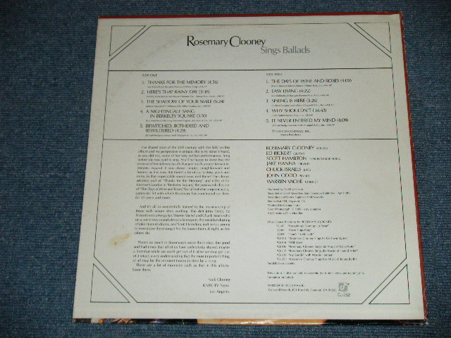 画像: ROSEMARY CLOONEY - SINGS BALLADS  ( Ex+/MINT- ) / 1985 US AMERICA ORIGINAL Used LP