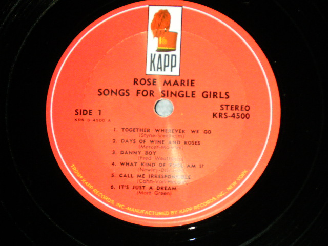画像: ROSE MARIE - SONGS FRO SINGLE GIRLS ( Ex++/MINT-) / 1964  US AMERICA ORIGINAL STEREO Used  LP 