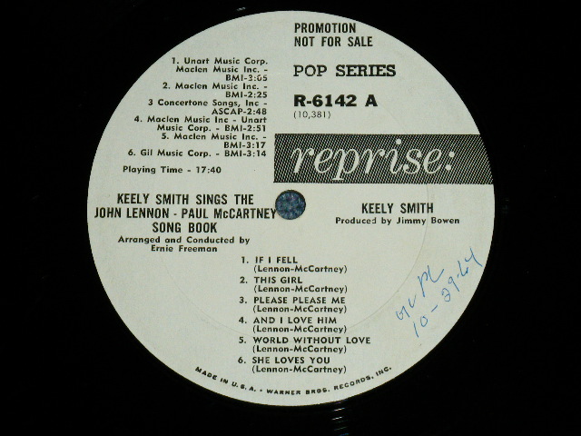 画像: KEELY SMITH -  SINGS THE JOHN LENNON - PAUL McCARTNEY SONG BOOK (JAZZY COVER of The BEATLES' Song )  ( VG+++/Ex+++ Looks:Ex+++ :Tapeoc, WOBC,WOL )  / 1964 US AMERICA ORIGINAL "WHITE LABEL PROMO" Mono  Used LP 