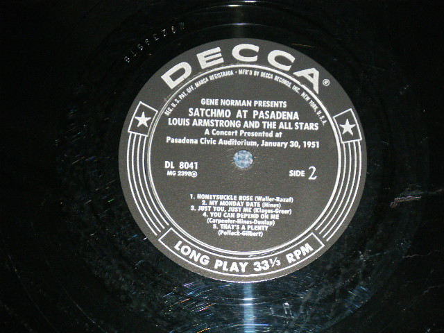 画像: LOUIS ARMSTRONG and The ALL STARS - SATCHMO AT PASADENA  ( Ex++/Ex++ Looks:Ex+++ )  / 1954 US AMERICA 1st Press "BLACK with SILVER Print Label" MONO Used LP  