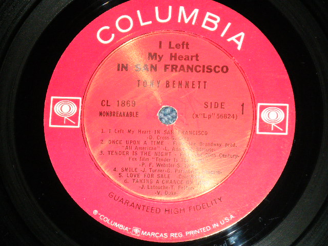 画像: TONY BENNETT - I LEFT  HEART IN SAN FRANCISCO (MINT-/Ex+++ : B-1:Ex++) / 1962 US AMERICA 1st Press "2 EYS'S Label with GUARANTEED HIGH-FIDELITY at Bottom Label" MONO Used LP 