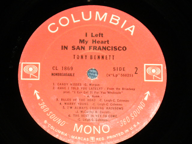 画像: TONY BENNETT - I LEFT  HEART IN SAN FRANCISCO (Ex++/Ex+++) / 1962 US AMERICA 1966 Version "360 SOUND in WHITE Label" MONO Used LP 