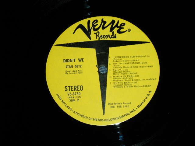 画像: STAN GETZ  - DIDN'T WE ( Ex+/Ex+++,Ex : TEAROBC)  / 1969 US AMERICA ORIGINAL "YELLOW LABEL PROMO" STEREO  Used LP