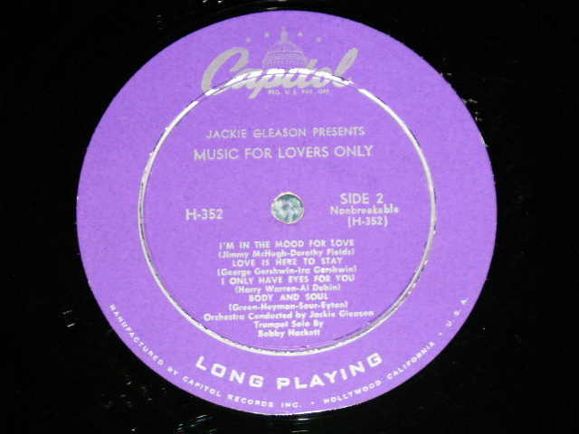 画像: JACKIE GLEASON - MUSIC FOR LOVERS ONLY (Ex++/Ex+++  EDSP)  / 1952  US AMERICA ORIGINAL "PEELED Front Cover" "Purple Color Label"  Mono 10" LP 