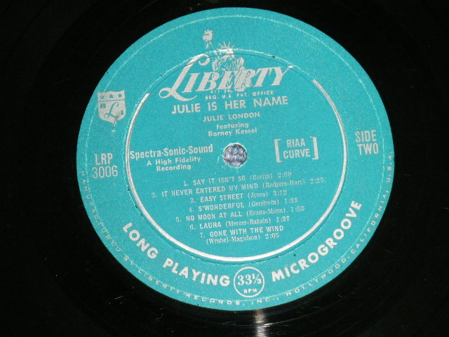 画像: JULIE LONDON - JULIE IS HER NAME ( DEBUT ALBUM )( Matrix # A) V-5713-3006 A     B) V-5713-3006 B   ) (Ex+++/Ex++ Looks:Ex+++ Ultra Clean Copy!!!! ) / 1956 US AMERICA ORIGINAL MONO "1st Press LIBERT Credit Front Cover""1st  Press Glossy Jcaket " "1st Press BACK Cover" "HEAVY USING JACKET"  "1st PRESS Turquoise Color LABEL" Used LP